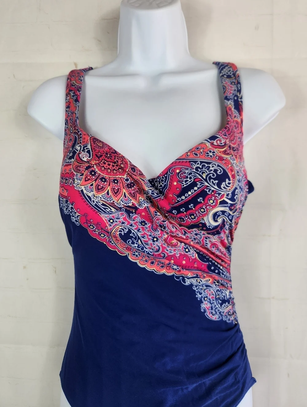 Miraclesuit Amici Paisley One Piece Swimsuit Tummy Control Navy Pink Size 10